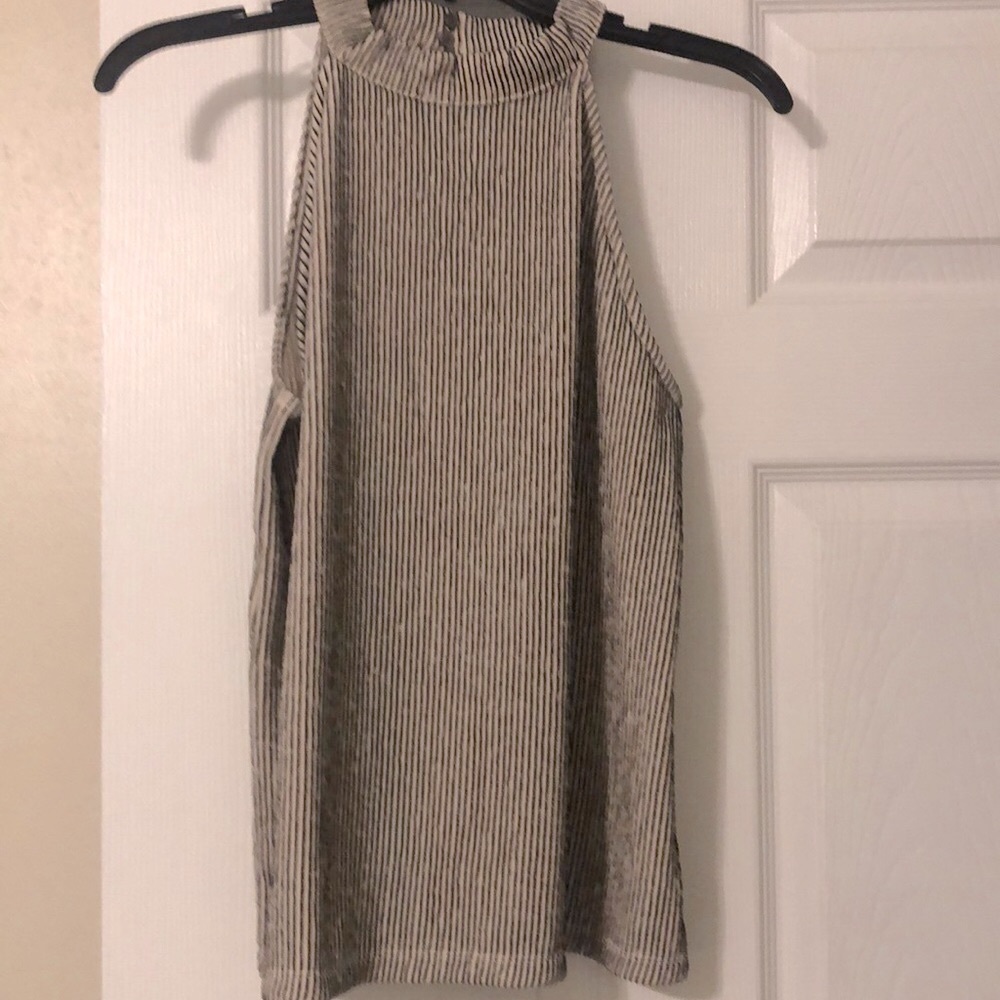 Ann Taylor Factory Halter Top- Black on Ivory vertical stripe. Classic Mock Neck